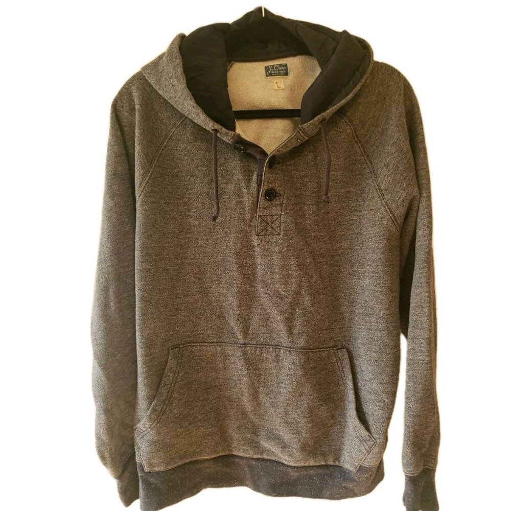 J Crew Hoodie Mens Vintage Fleece Gray  Sz L Kangaroo Pockets  Pullover Henley